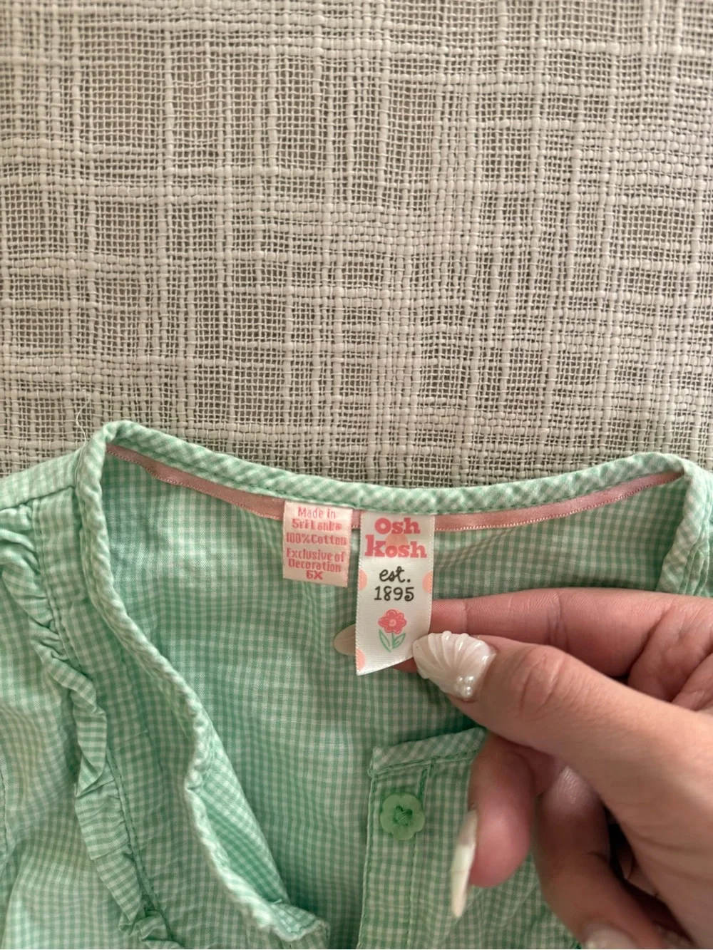 OshKosh B’gosh Girls Size 6X Green Gingham Ruffle Floral Top